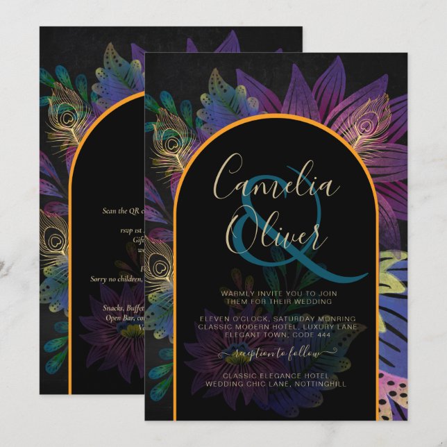 Convites Noir Peacock Jewel Tones Casamento Floral (Frente/Verso)