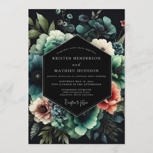 Convites Noir Teal Bloom Wedding (Frente)