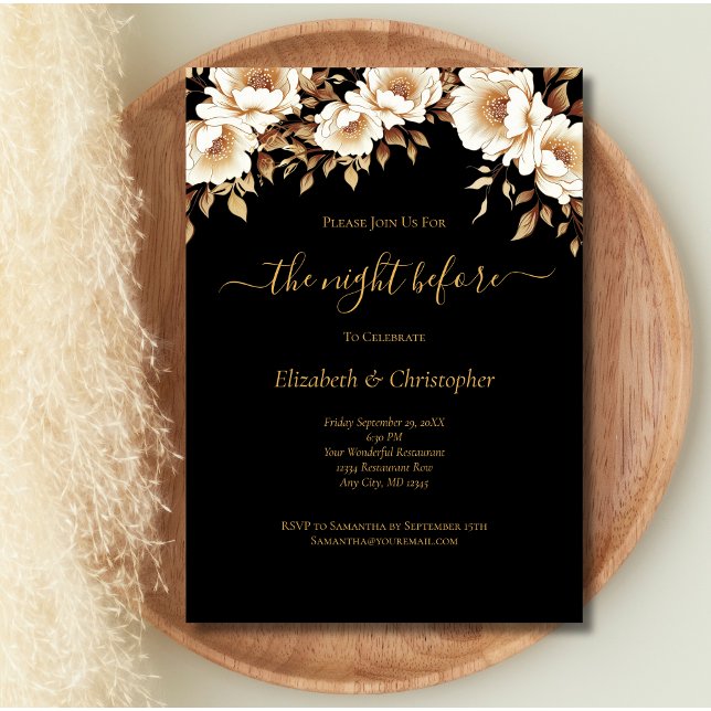 Convites Noite Antes Do Janto De Ensaio Floral Dourado A Pr (Black Gold Floral The Night Before Wedding Rehearsal Dinner Invitation. Printed or Digital.)