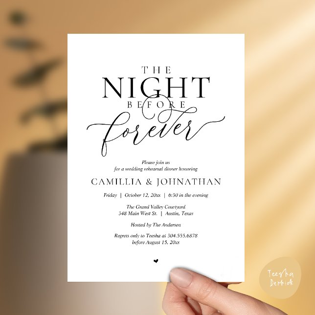 Convites “Noite Antes do Para Sempre” Jantar Romântico de E (“Night Before Forever” Modern Romantic Rehearsal Dinner Invitation Card in Black and White)