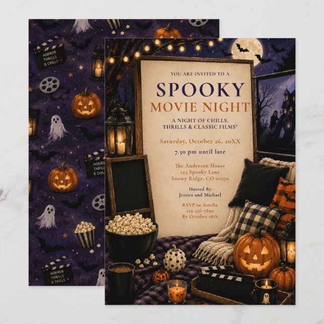 Convites Noite Assustadora de Cinema de Halloween (Frente/Verso)