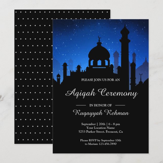 Convites Noite Azul Céu Noites Árabes Aqiqah (Frente/Verso)