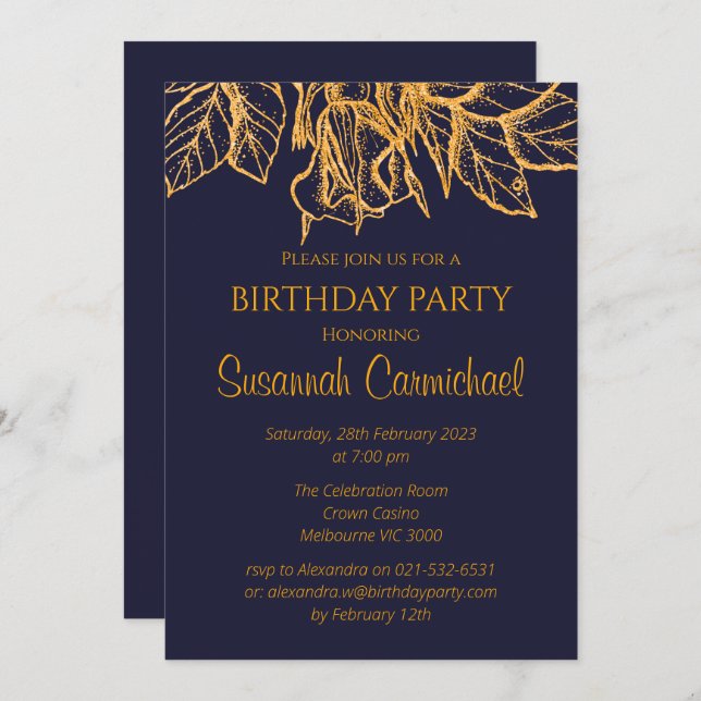 Convites Noite Azul e Elegante Dourado (Frente/Verso)