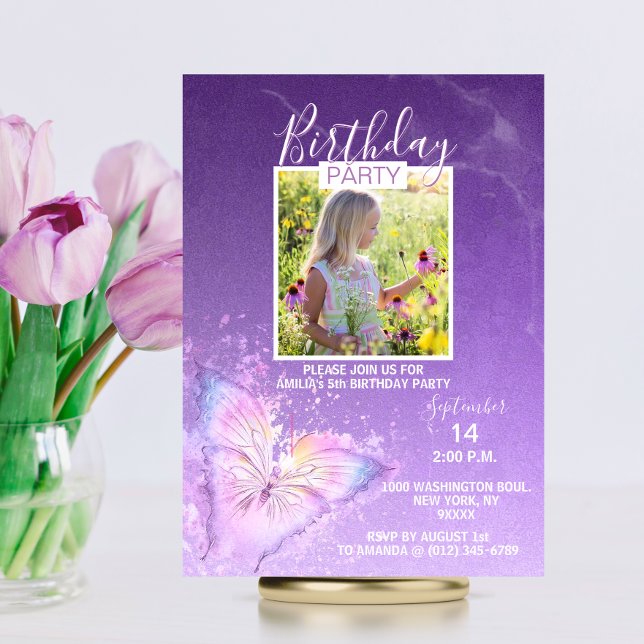 Convites Noite da Garota da Borboleta de Aquarela Puro | FO (Purple Watercolor Butterfly Girl Birthday  PHOTO Invitation | Lavender, Violet Colors)