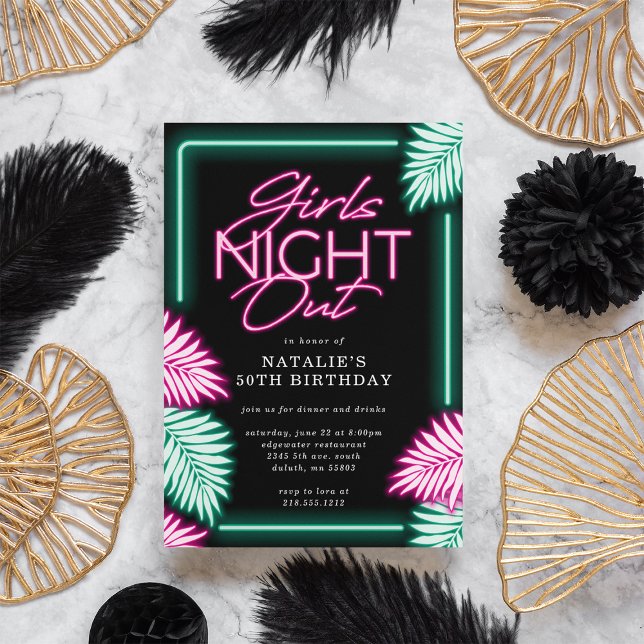 Convites Noite das Garotas com Neon Falso Moderno Aniversár (Modern Faux Neon Girls Night Out Birthday Invitation)