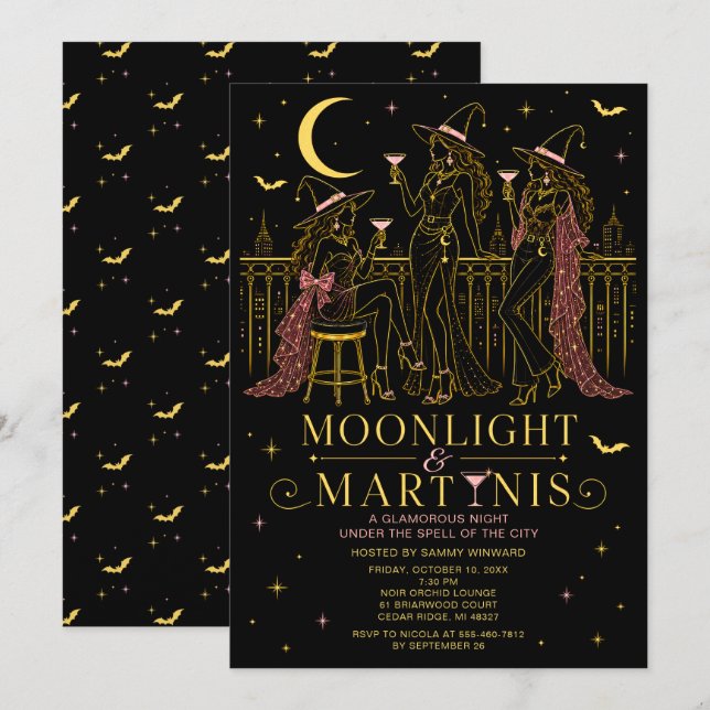 Convites Noite das Garotas de Halloween com Luar e Martinis (Frente/Verso)
