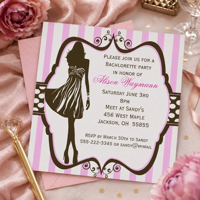 Convites Noite das Garotas Listras Rosa Despedida de Soltei (Girls Night Out Pink Stripes Bachelorette Party Invitation)