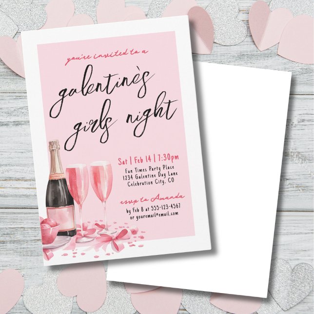 Convites Noite das Meninas Champanhe Rosa Dia das Galentina (Girls Night Pink Champagne Galentine's Day Invitation)