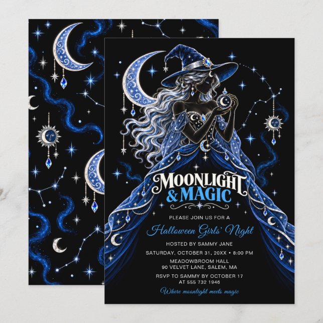 Convites Noite das Meninas de Halloween Lua e Magia (Frente/Verso)