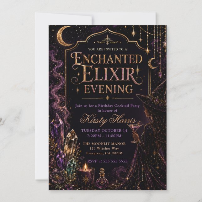 Convites Noite de Aniversário da Bruxa do Elixir Encantado (Frente)