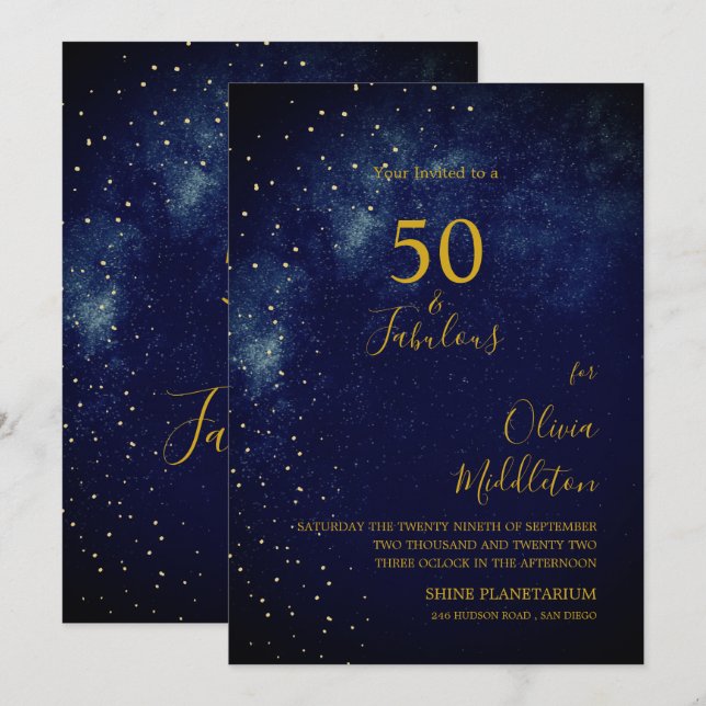 Convites Noite de Aniversário de 50 anos Céu Astral Dourado (Frente/Verso)