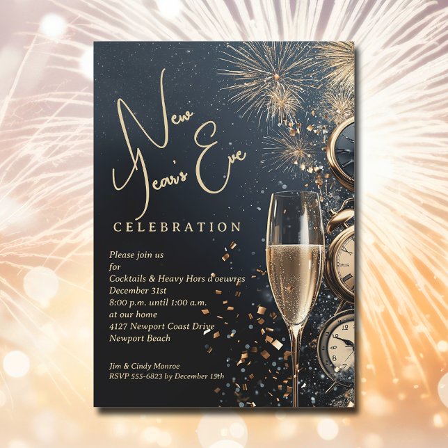 Convites Noite de Ano Novo Chic Champagne (Chic Champagne and Clocks New Year's Eve party invitations, PRINTED and/or INSTANT DOWNLOAD)