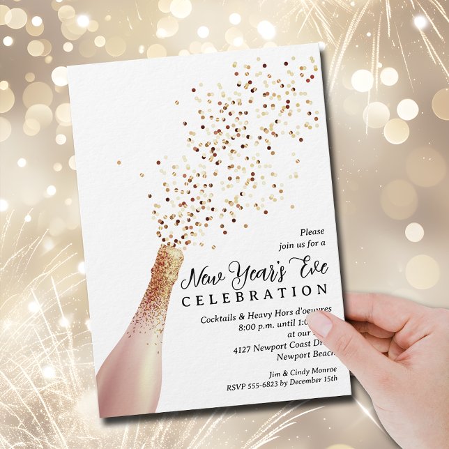Convites Noite de Ano Novo com Champanhe Elegante (Elegant Champagne bottle spray New Year's Eve party invitations, PRINTED and/or INSTANT DOWNLOAD)