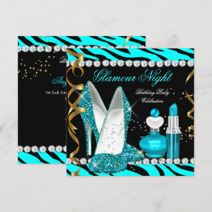 Convites Noite de Brilho Glamour Azul Turquesa Dourado Pret