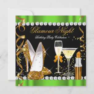 Convites Noite de Brilho Glamour Verde Lima Dourado Preto F