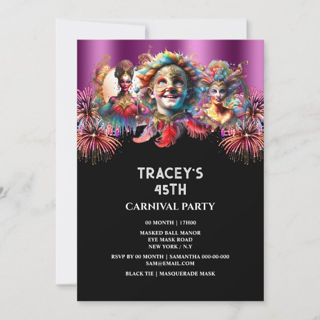 Convites Noite de Carnaval fogos de artifício mascarada púr (Frente)