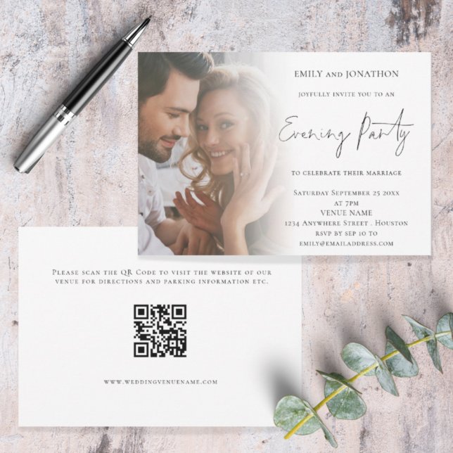 Convites Noite de Casamento de Código QR de Foto de Script  (Front and back view. Available digitally or printed. Part of a large matching wedding suite)
