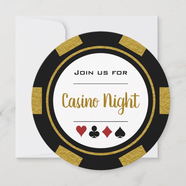 Convites Noite de Cassino Ficha de Poker Preta e Branca Dou (Frente)