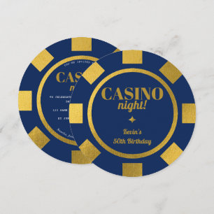 Convites Noite de Cassino Fichas de Poker Azuis Douradas An