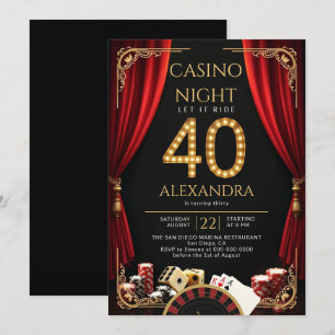 Convites Noite de Cassino Vegas Poker Roleta 40º Aniversári