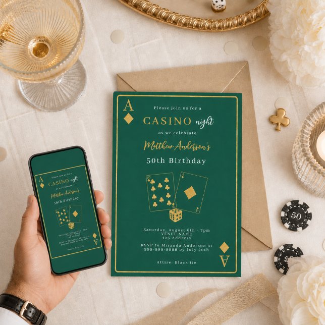 Convites Noite de cassino verde dourado aniversário (Criador carregado)