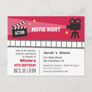 Convites Noite de Cinema Ação Luz Câmera Festa de Aniversár