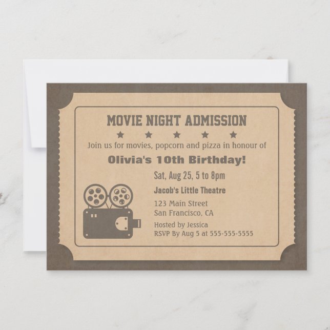 Convites Noite de Cinema com Ingresso Retro Festa de Aniver (Frente)