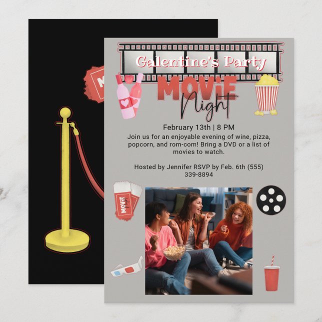 Convites Noite de Cinema da Festa de Galentine's (Frente/Verso)