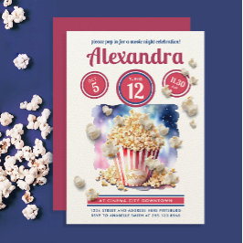 Convites Noite de Cinema de Pipoca Vermelha Azul Divertida