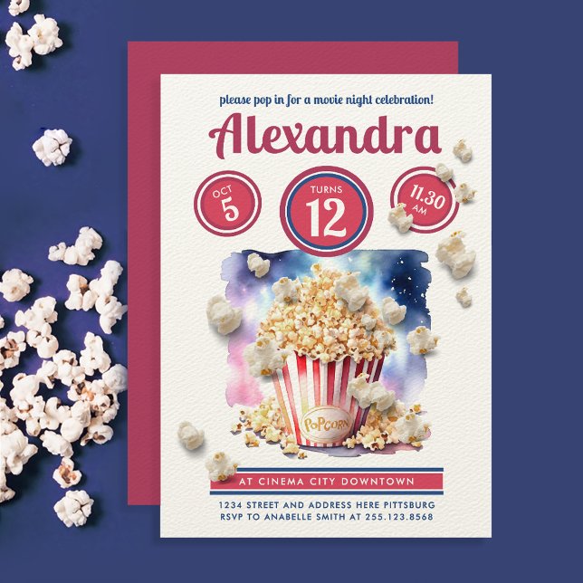 Convites Noite de Cinema de Pipoca Vermelha Azul Divertida  (Criador carregado)