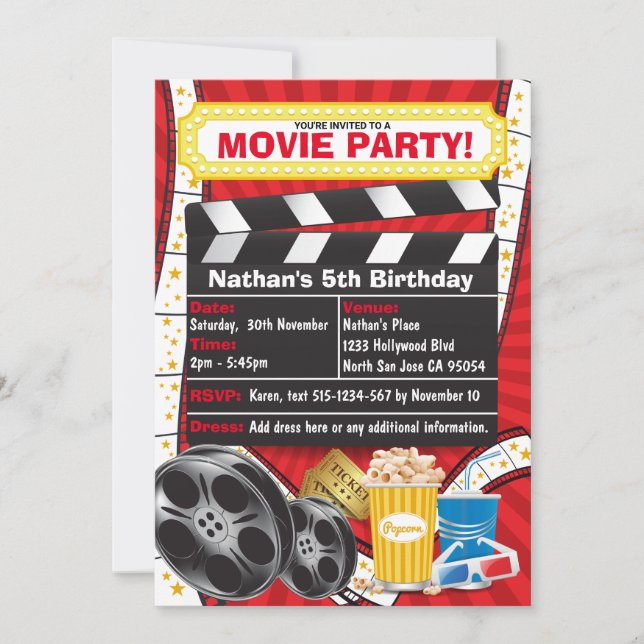 Convites Noite de Cinema Hollywood Clapper Aniversário (Frente)