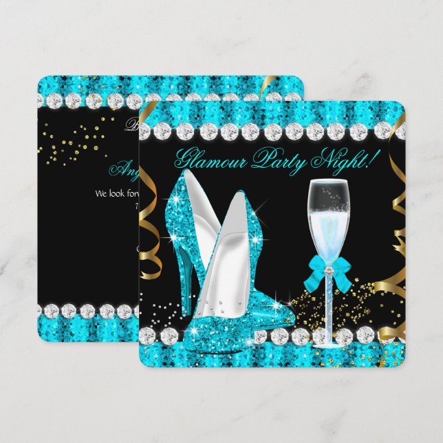 Convites Noite de Festa Brilho Glamour Azul Teal Champanhe (Frente/Verso)