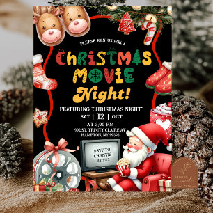 Convites Noite de Filme de Natal Divertida e Retro Preto e 