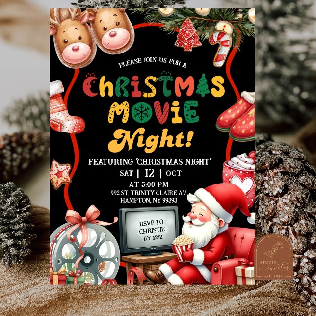 Convites Noite de Filme de Natal Divertida e Retro Preto e  (Criador carregado)