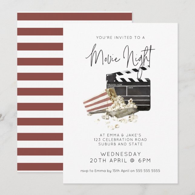 Convites Noite de Filme de Pipoca Aquarela (Frente/Verso)