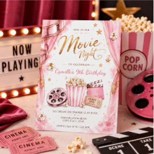 Convites Noite de Filme em Ouro Rosa Menina Aniversário