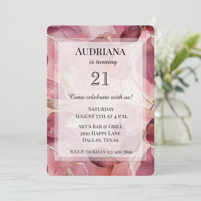 Convites Noite de Folhas Douradas Cor-de-Rosa Esbranquiçada (Em pé/Frente)