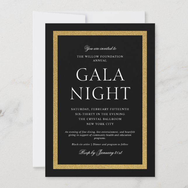 Convites Noite de Gala Preta e Dourada Elegante (Frente)