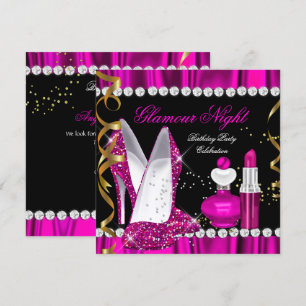 Convites Noite de Glamour Brilhante Rosa Fundo Dourado Pret