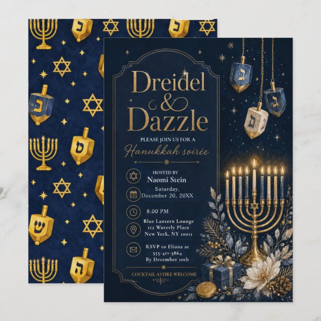 Convites Noite de Hanukkah Dreidel & Dazzle (Frente/Verso)