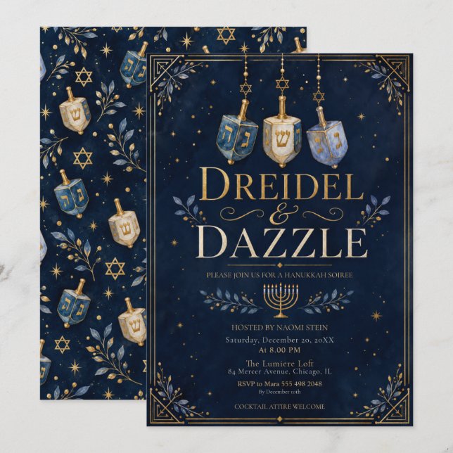Convites Noite de Hanukkah Dreidel & Dazzle (Frente/Verso)