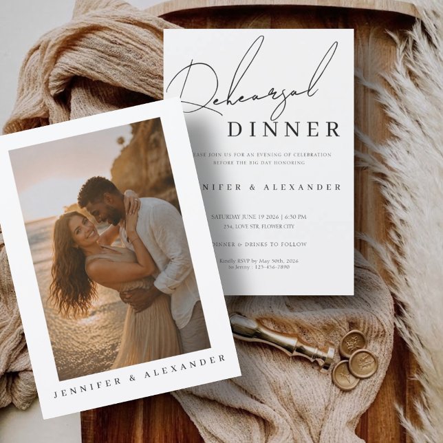 Convites Noite de Jantar de Ensaios Fotográficos Minimalist (Modern Minimalist Photo Rehearsal Dinner Night Invitation)