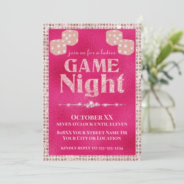 Convites Noite de Jogo das Senhoras de Brilho Rosa Quente (Em pé/Frente)