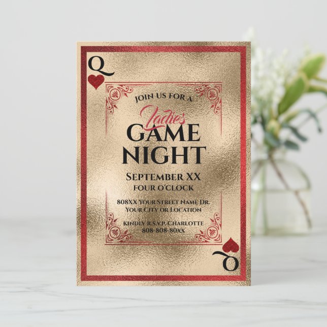 Convites Noite de Jogos das Damas Rainha de Copas Vermelha  (Em pé/Frente)