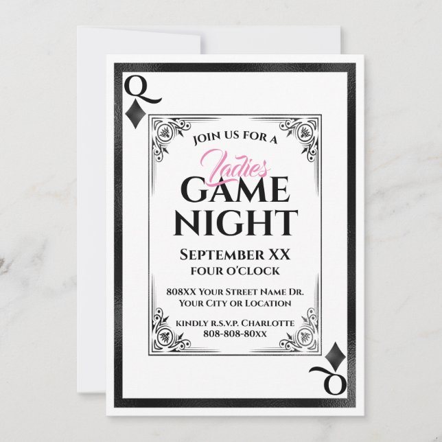 Convites Noite de Jogos das Senhoras Rainha de Diamantes (Frente)