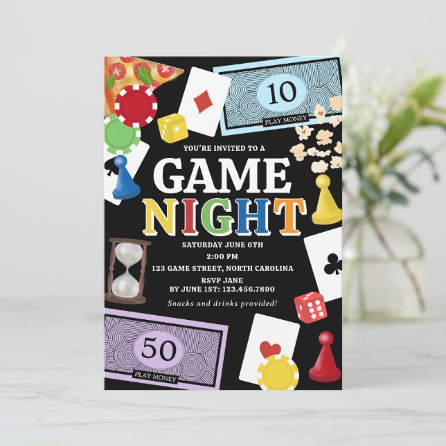 Convites Noite de Jogos de Tabuleiro Lanches Festa (Em pé/Frente)