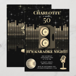 Convites Noite de Karaokê Preto Dourado 50º Aniversário Dis