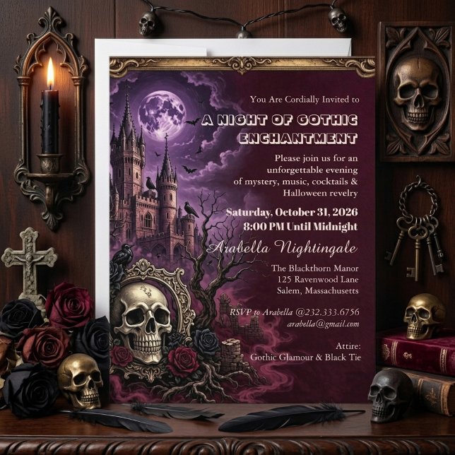 Convites Noite de Lua Cheia na Mansão Assombrada com Caveir (Vintage Gothic Skull Haunted Manor Full Moon Night Invitation)