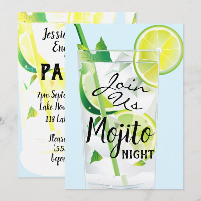 Convites Noite de Mojito Folha de Hortelã Lima Luz Azul (Frente/Verso)