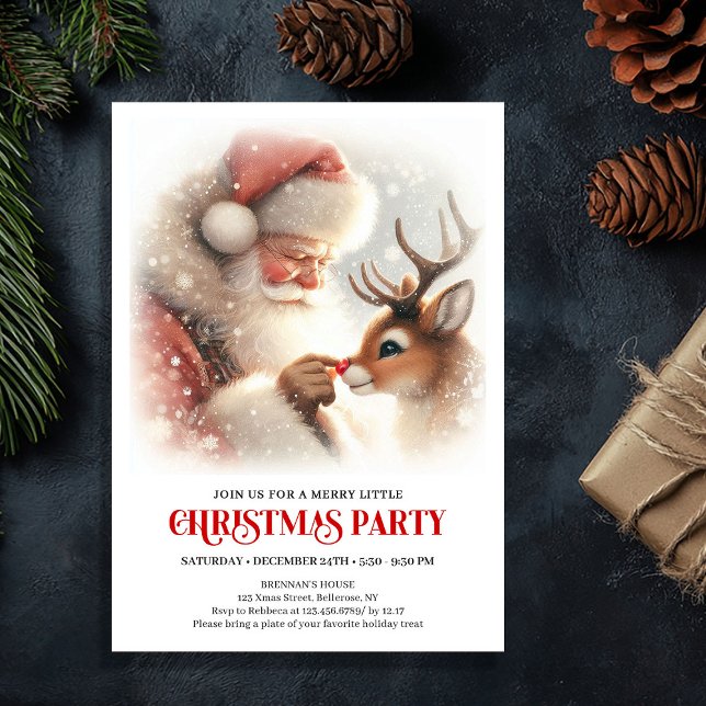 Convites Noite de Natal Festiva com Papai Noel e Rudolph  (Festive Santa and Rudolph Christmas Eve Night Party Invitation

)